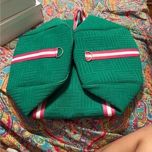 Green Tote Bag with Pink Stripes